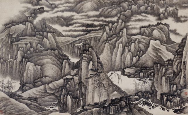 Gong Xian (1619–1689), Mille pics et ravines en myriades, dynastie Qing, vers 1670, rouleau vertical, encre sur papier, 62 × 102 cm, donation Charles A. Drenowatz, © Museum Rietberg, photo: Rainer Wolfsberger