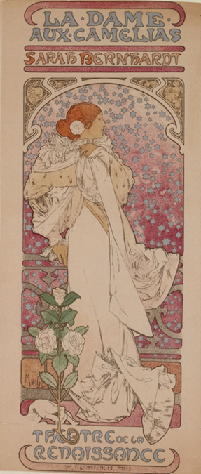 Alfons Mucha, La Dame aux camélias, 1896, Théâtre de la Renaissance, lithographie couleurs, musée Carnavalet ©Paris musée/Musée Carnavalet
