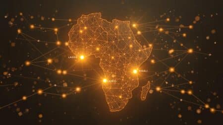 Map Of Africa Glowing With Interconnected Digital Palette, Image IA Canva