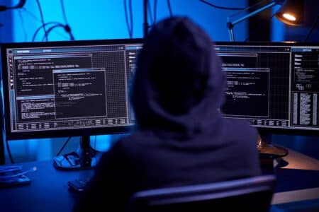 Cybercrime,,hacking,and,technology,concept, ,hacker,in,dark,room