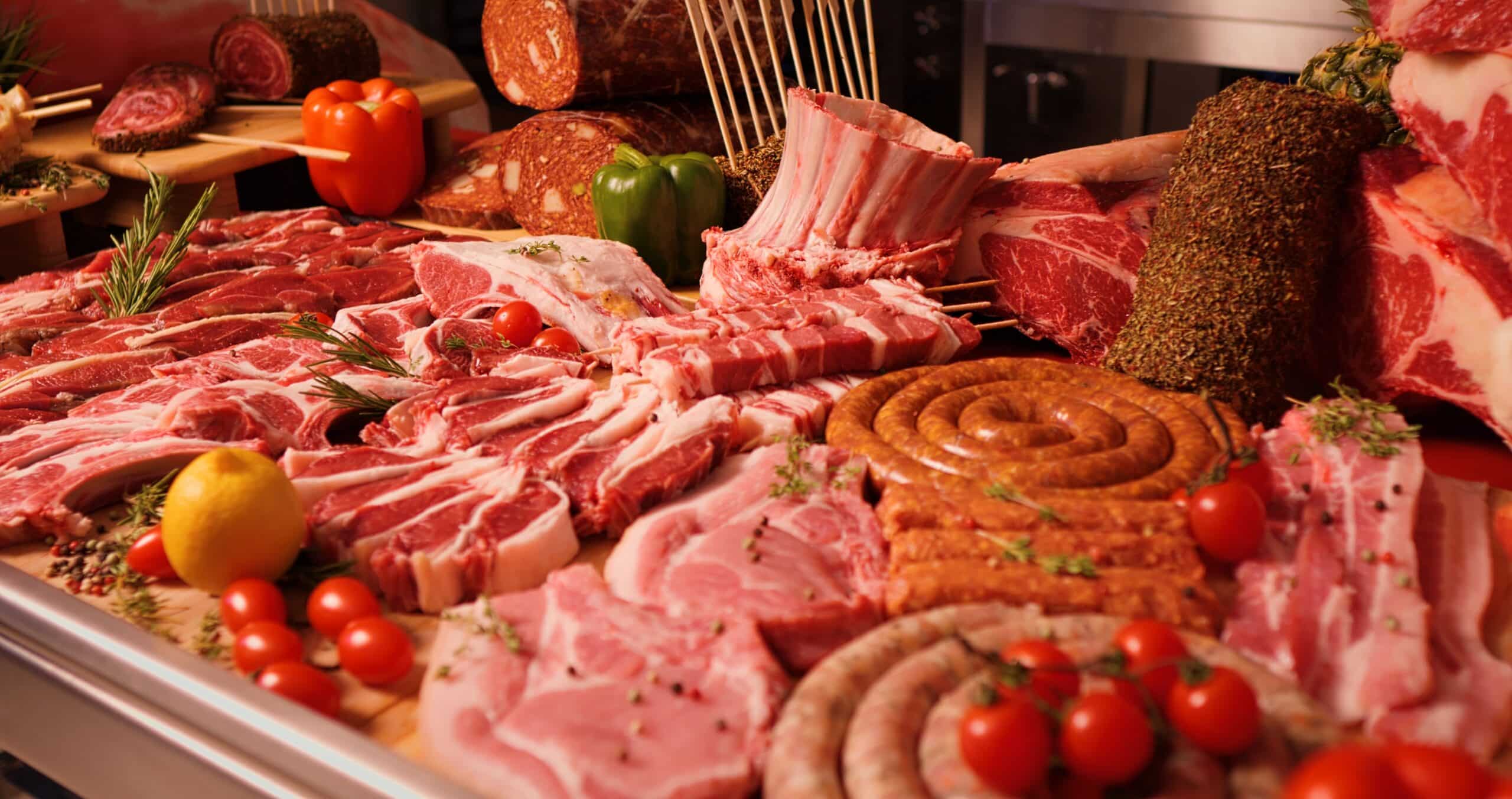 Premium,organic,meat,showcase,in,butchers,kitchen.,delicious,bio,meat