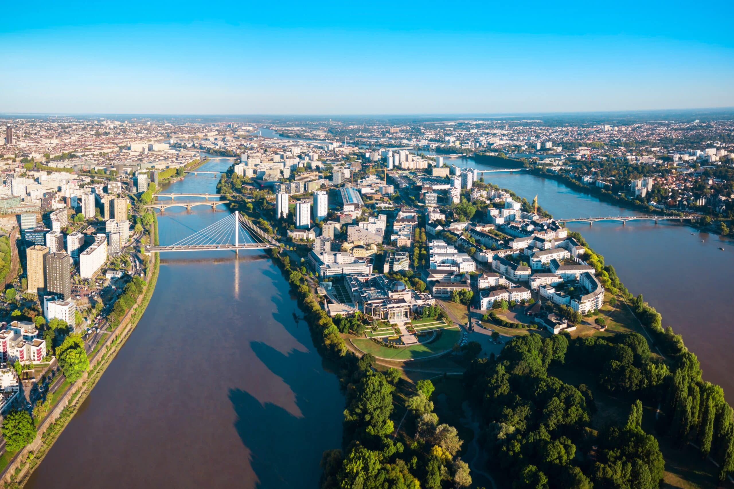 Nantes,city,between,the,branches,of,the,loire,river,aerial