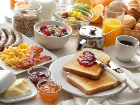 petit-déjeuner, miel, confiture, jus